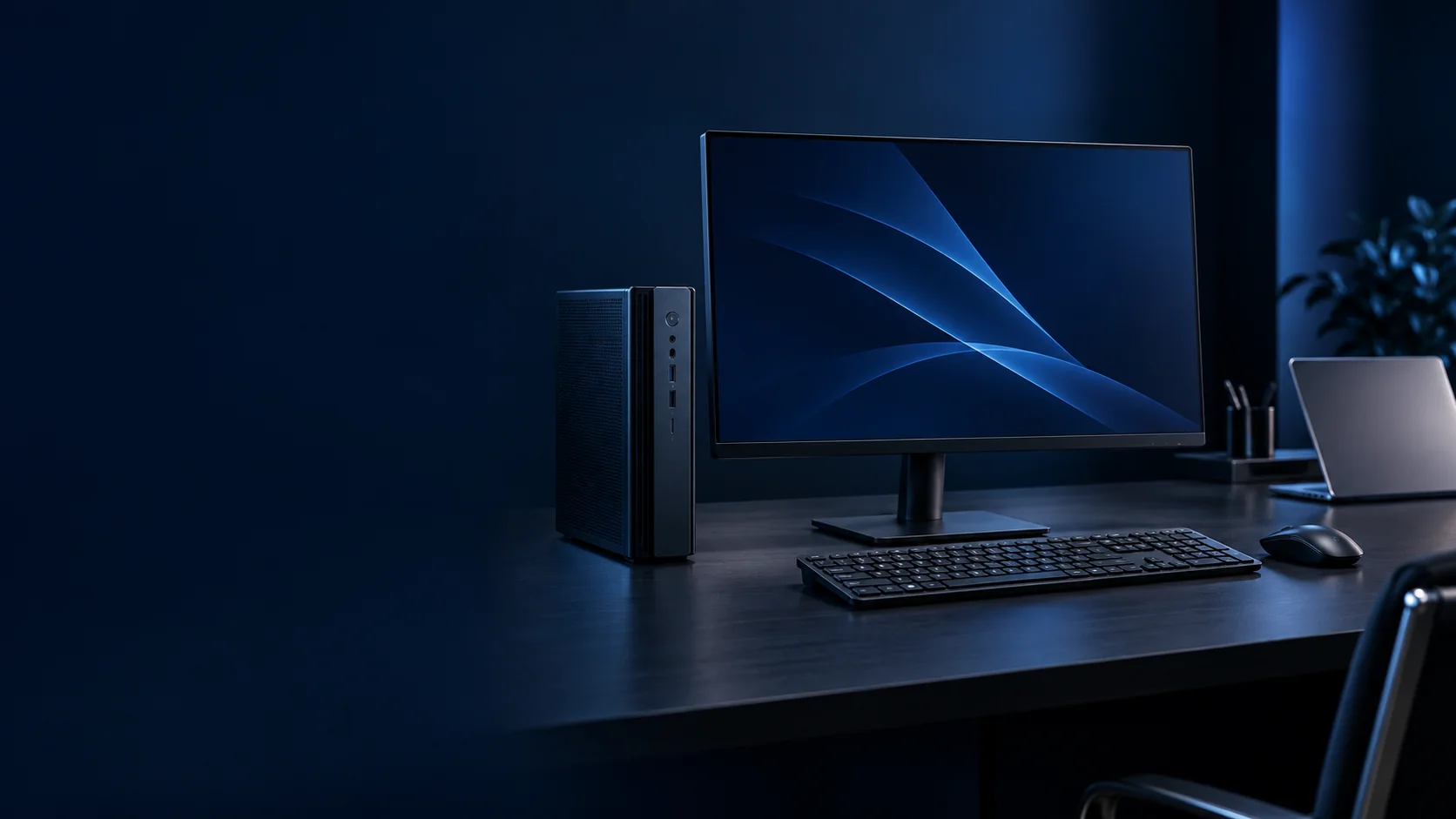Ilustração de estação corporativa com desktop compacto, monitor e notebook